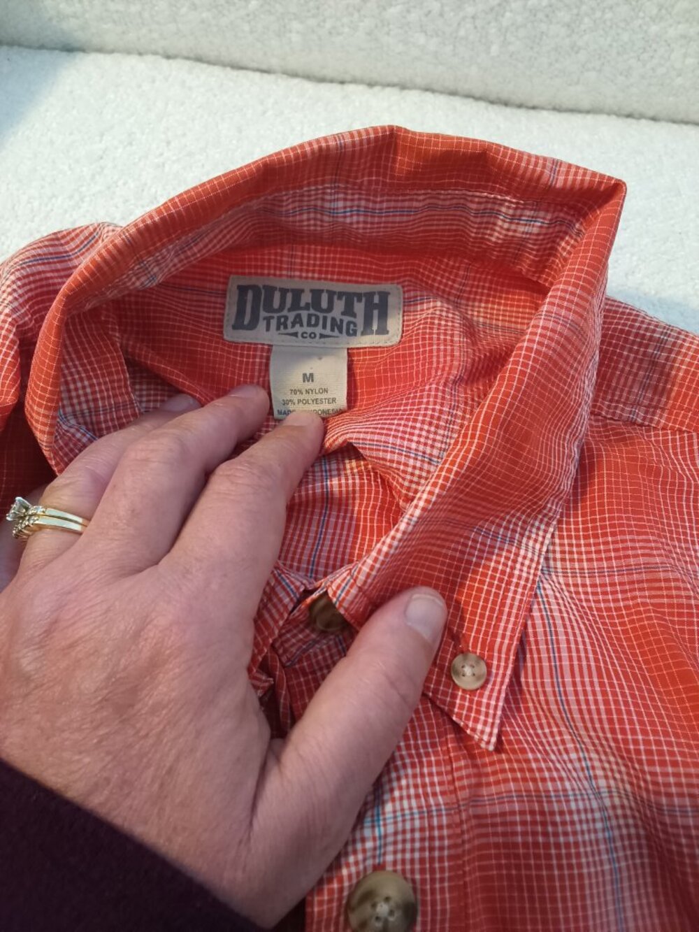 Duluth Trading CO Men's M Orange Plaid Short Sleeve Button Up - Picture 4 of 5